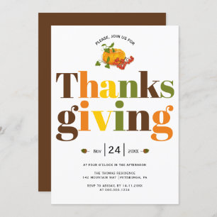 Invitation Typographie colorée citrouille Thanksgiving Invita