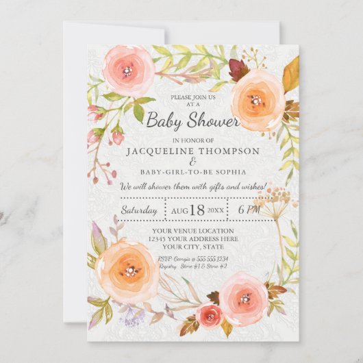 Invitation Typographie Damas blanc Aquarelle Florale Wreath (Devant)