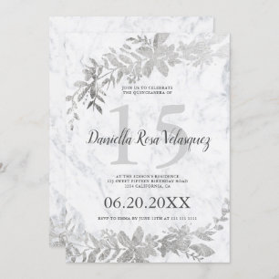 Invitation Typographie d'argent Quincennera de marbre blanc f