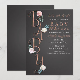 Invitation Typographie de Baby Shower Florale Moderne Gris Fo
