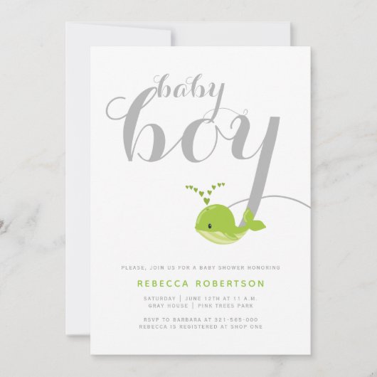 Invitation Typographie de baleine verte mignonne bébé garçon  (Devant)