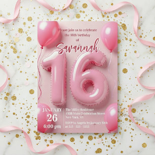 Invitation Typographie de ballon en feuille rose pour 16e ann