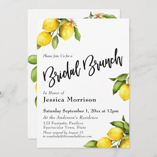 Invitation Typographie de brunch nuptiale des citrons aquarel (Devant / Derrière)