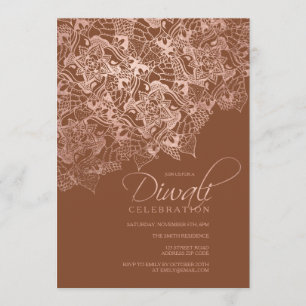 Invitation Typographie de Diwali faux mandala d'or rose brun