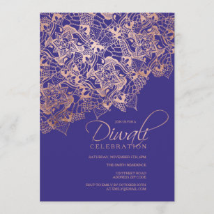 Invitation Typographie de Diwali rose mandala bleu violet d'o