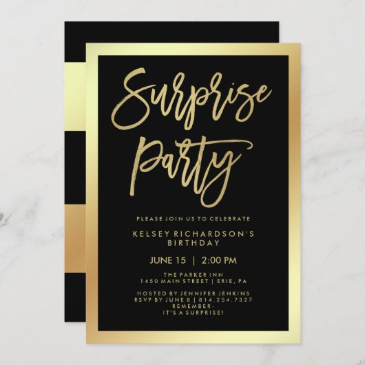 Invitation Typographie de Glam Faux et Black Surprise Party (Devant / Derrière)