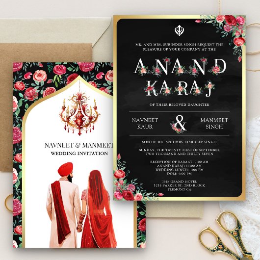 Invitation Typographie de la rose rouge Noir Anand Karaj Sikh