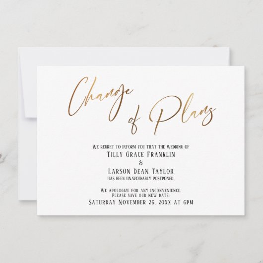 Invitation Typographie de l'or Changement de plans Mariage re (Devant)