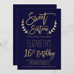 Invitation Typographie de l'or classique Sweet sixteen bleu m