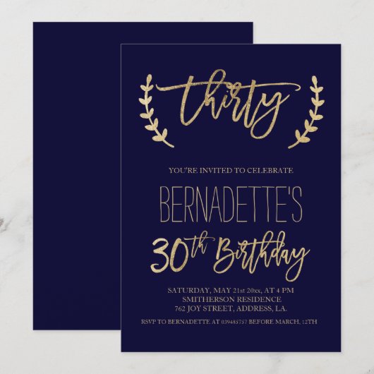 Invitation Typographie de l'or Faux bleu marine 30e anniversa (Devant / Derrière)