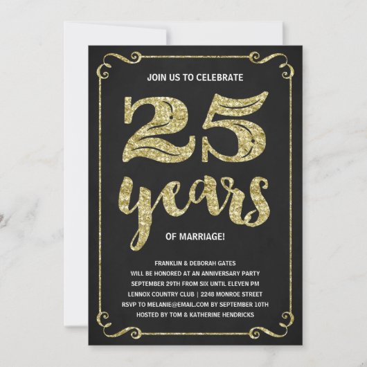 Invitation Typographie de l'or | Faux Foil 25e anniversaire (Devant)