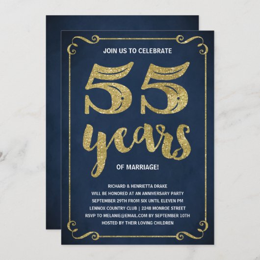 Invitation Typographie de l'or | Faux Foil 55e anniversaire (Devant / Derrière)