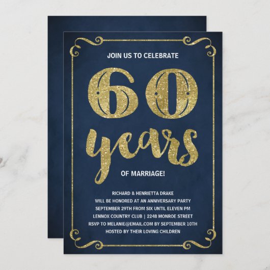 Invitation Typographie de l'or | Faux Foil 60e anniversaire (Devant / Derrière)