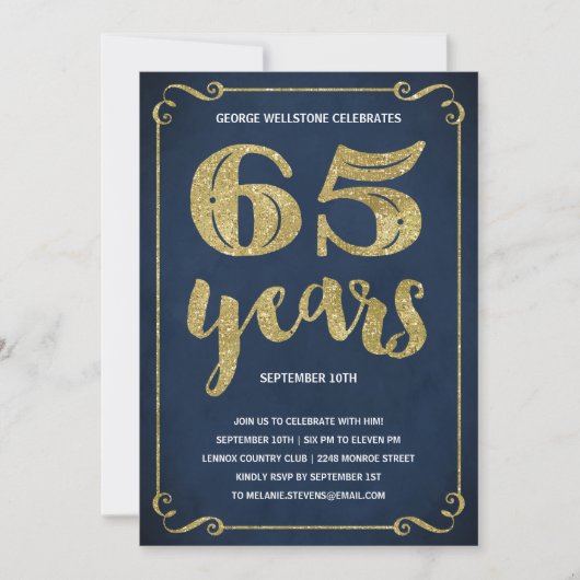 Invitation Typographie de l'or| Faux Foil 65e anniversaire (Devant)