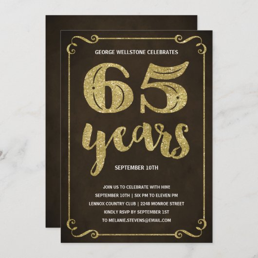 Invitation Typographie de l'or | Faux Foil 65e fête d'anniver (Devant / Derrière)