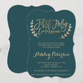 Invitation Typographie de l'or verte Première communion saint (Devant / Derrière)