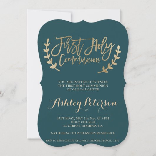 Invitation Typographie de l'or verte Première communion saint (Devant)