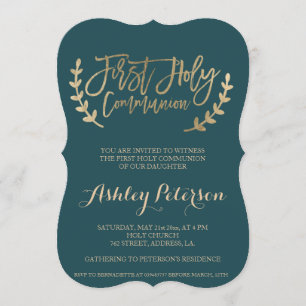 Invitation Typographie de l'or verte Première communion saint