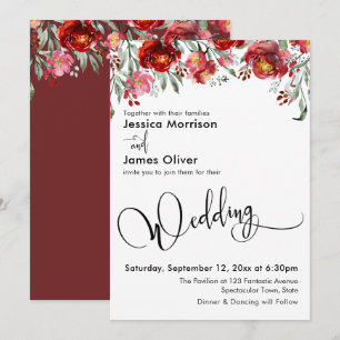 Invitation Typographie de mariage avec des fleurs rouges de B