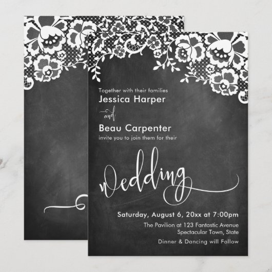 Invitation Typographie de mariage, dentelle blanche sur table (Devant / Derrière)