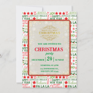 Invitation Typographie de Noël Rouge & Vert Motif sans coutur