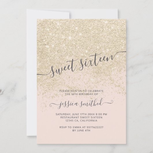 Invitation typographie de parties scintillant en or clair ros (Devant)