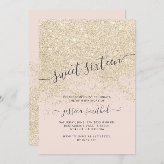 Invitation typographie de parties scintillant en or clair ros (Devant / Derrière)