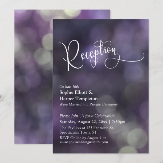 Invitation Typographie de réception de mariage à lumière boke (Devant / Derrière)