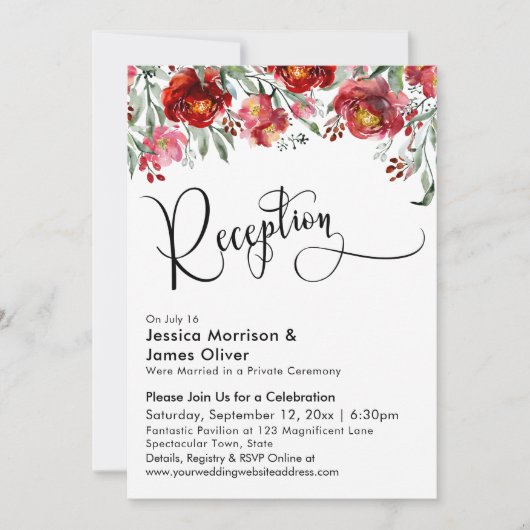 Invitation Typographie de réception de mariage Fleurs rouges  (Devant)