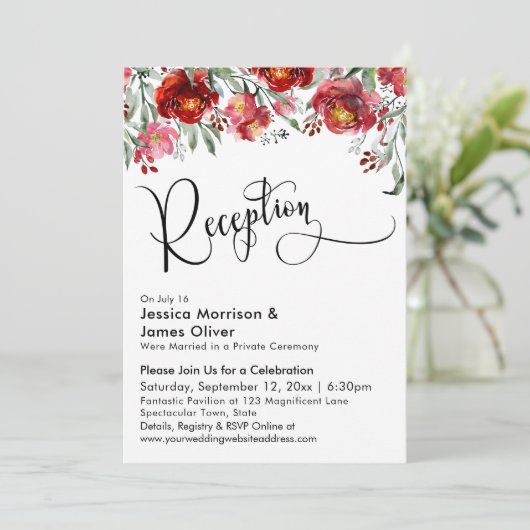 Invitation Typographie de réception de mariage Fleurs rouges  (Debout devant)