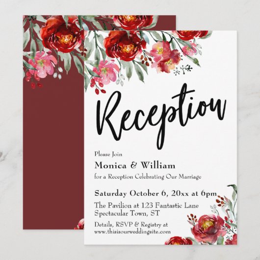 Invitation Typographie de réception de mariage floral rouge d (Devant / Derrière)