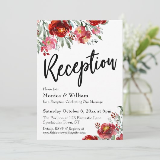 Invitation Typographie de réception de mariage florale rouge  (Debout devant)