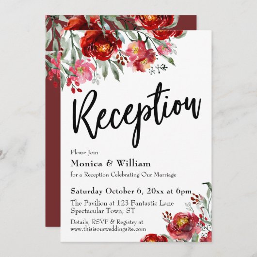 Invitation Typographie de réception de mariage florale rouge  (Devant / Derrière)