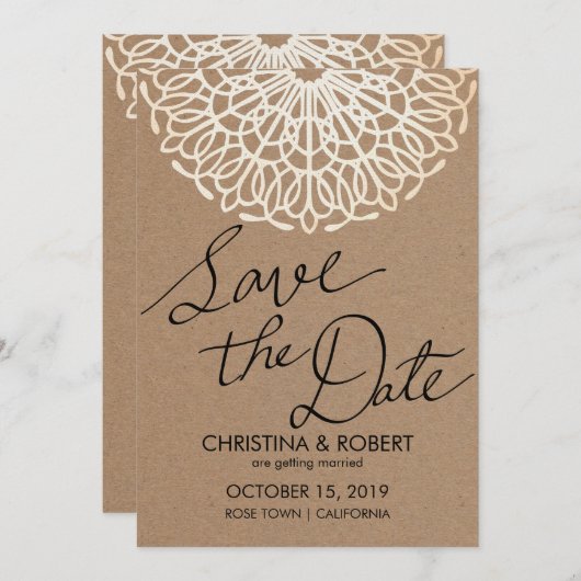 Invitation Typographie de Save The Date avec dentelle en papi (Devant / Derrière)