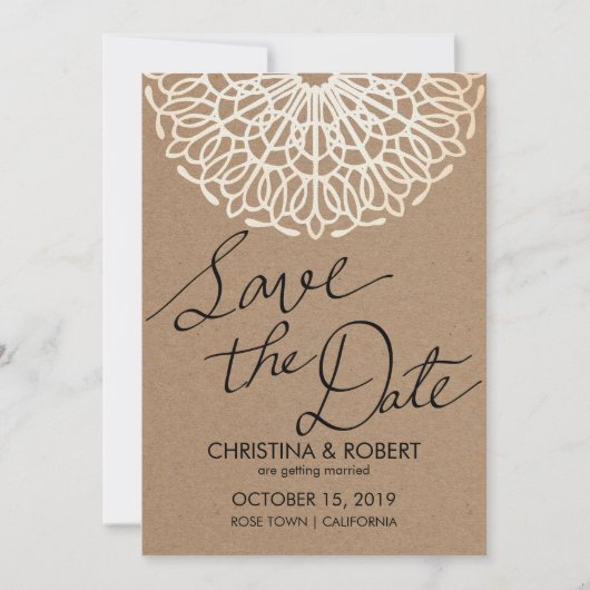 Invitation Typographie de save the date dentelle en papier kr (Devant)