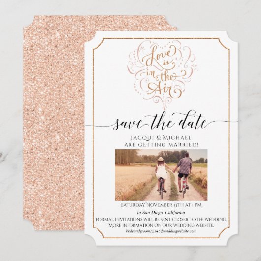 Invitation Typographie de script d'amour Rose Gold Paillettes (Devant / Derrière)