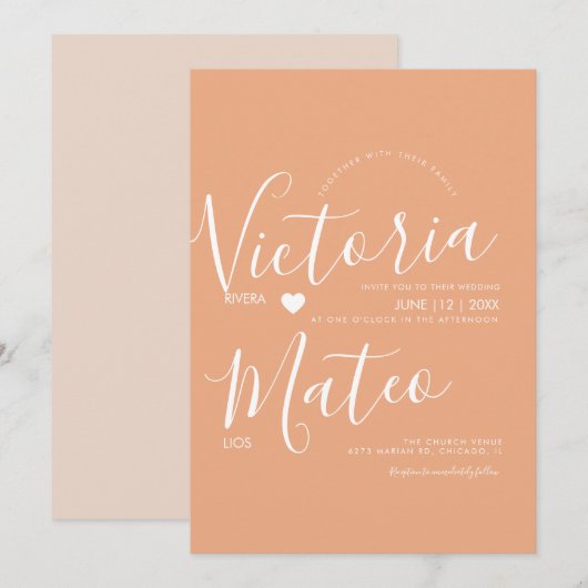Invitation Typographie de script de cœur simple Mariage chaud (Devant / Derrière)
