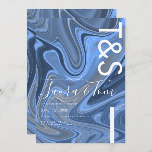 Invitation Typographie de script en Gras de Marbre Bleu (Devant / Derrière)