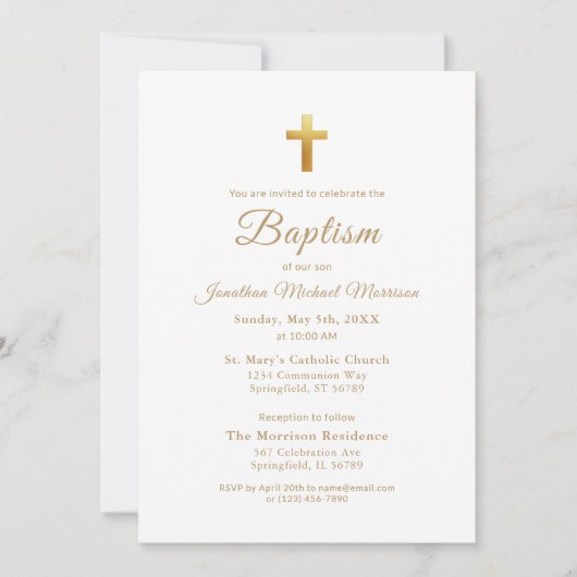 Invitation Typographie de script Gold Cross Chic Élégant Bapt (Devant)