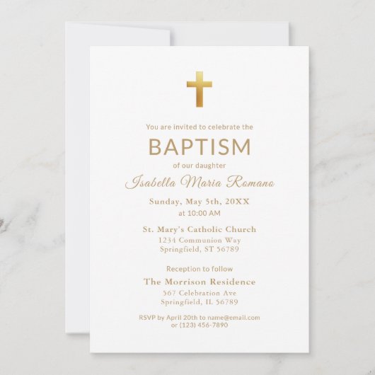 Invitation Typographie de script Gold Cross Chic Élégant Bapt (Devant)