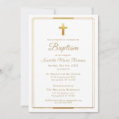 Invitation Typographie de script Gold Cross Chic Élégant Bapt (Devant)