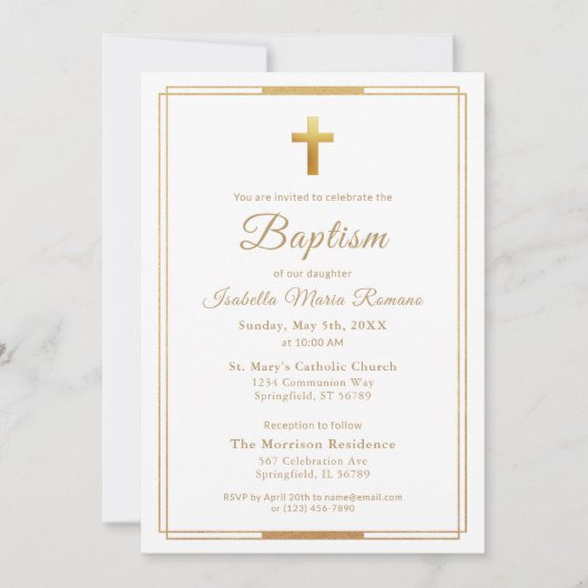 Invitation Typographie de script Gold Cross Chic Élégant Bapt (Devant)