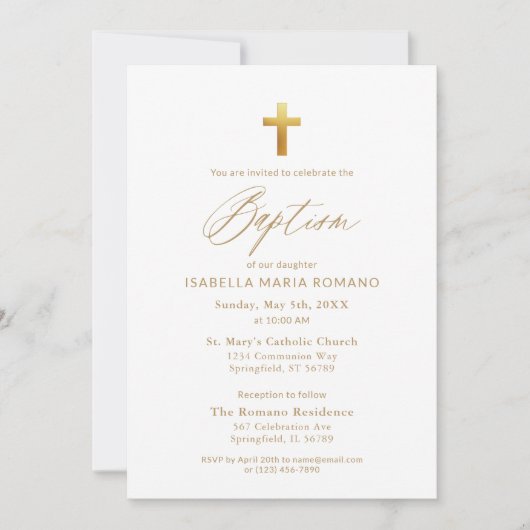 Invitation Typographie de script Gold Cross Chic Élégant Bapt (Devant)
