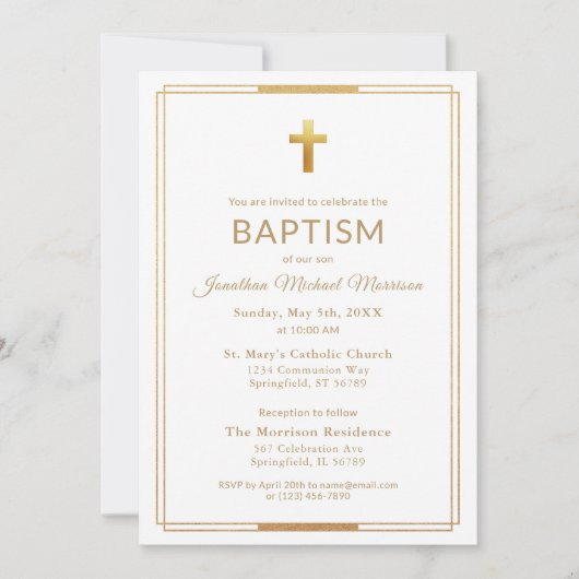 Invitation Typographie de script Gold Cross Chic Élégant Bapt (Devant)
