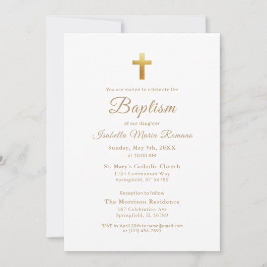 Invitation Typographie de script Gold Cross Chic Élégant Bapt (Devant)