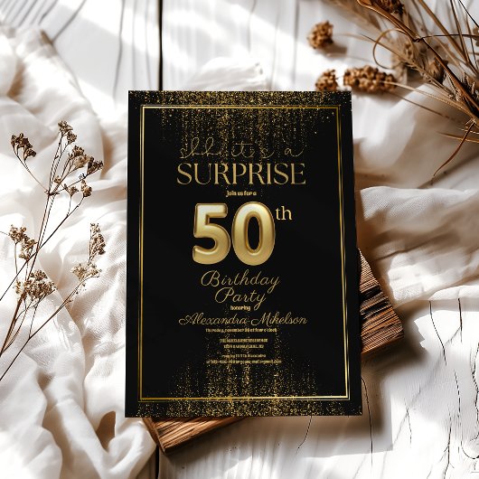 Invitation Typographie de surprise d'or noir Cinquante-50e an