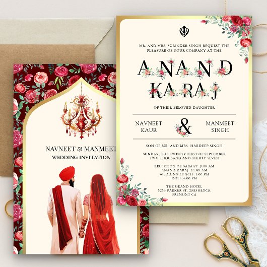 Invitation Typographie des roses rouges Anand Karaj Sikh Mari