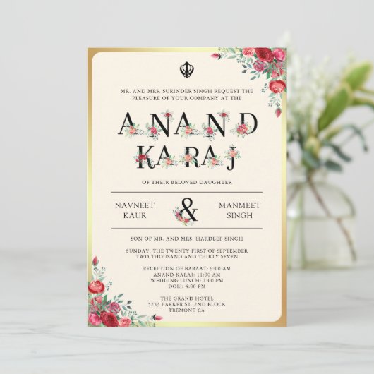 Invitation Typographie des roses rouges Anand Karaj Sikh Mari (Debout devant)