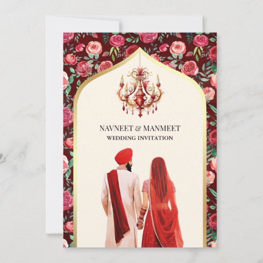 Invitation Typographie des roses rouges Anand Karaj Sikh Mari (Dos)