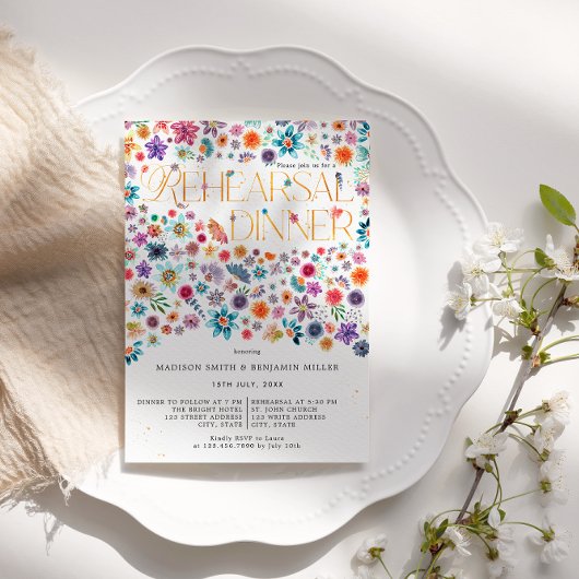 Invitation Typographie d'or Dîner de répétition Mariage flora